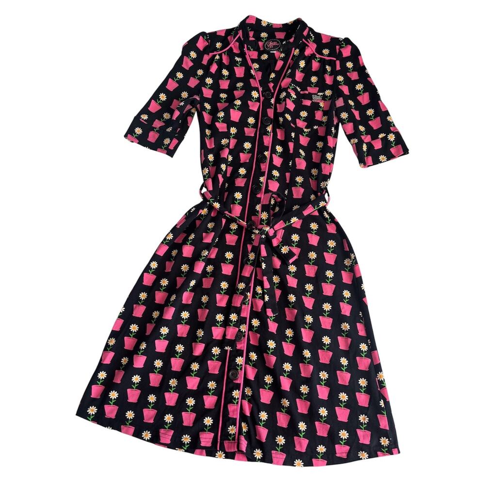 Tante Betsy Black & Pink Potted Daisy Pin Up Retro Rockabilly Dress Womens Small